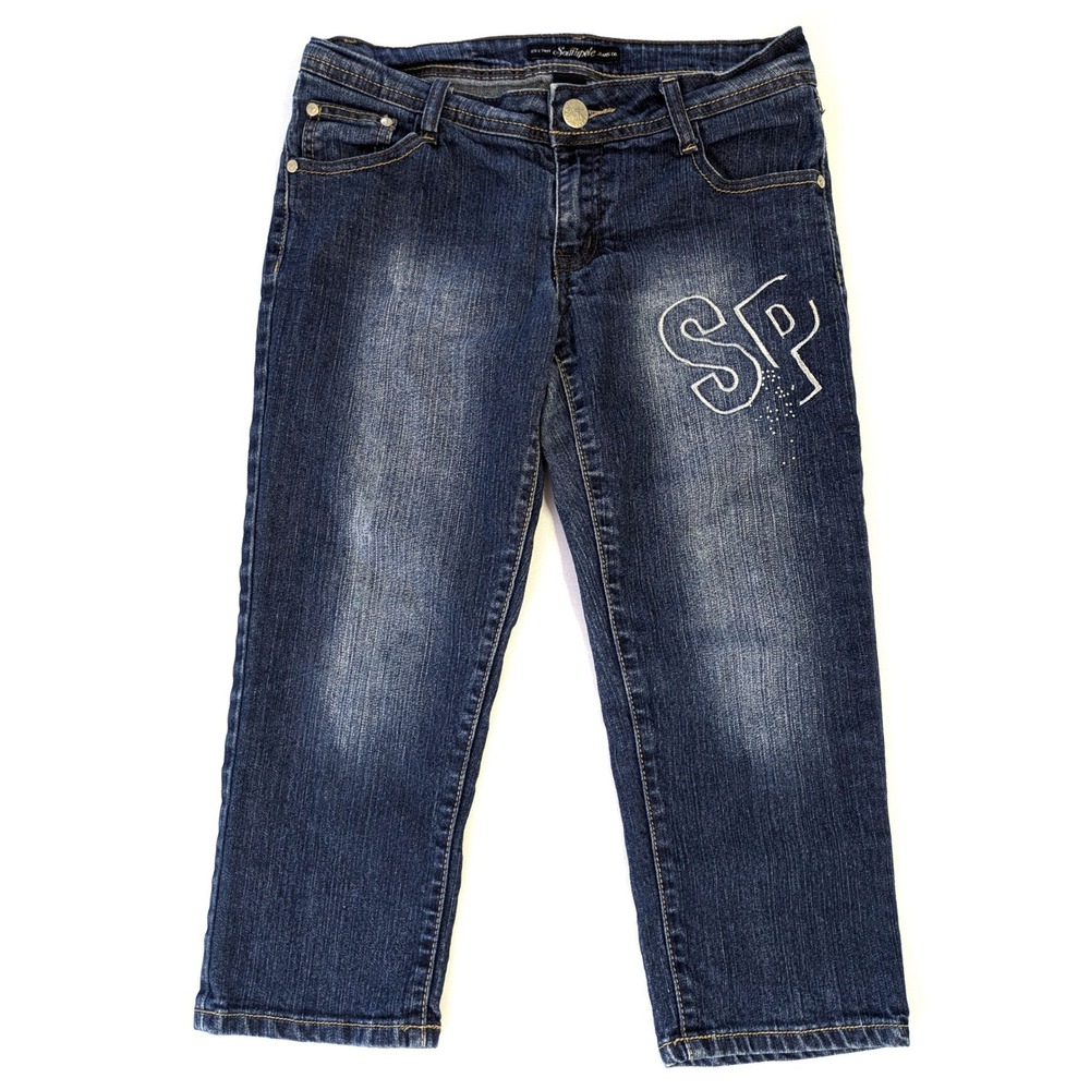 Southpole Jeans Co Womens Size 7 Dark Wash Embroidered SP Logo Denim Capris Y2K